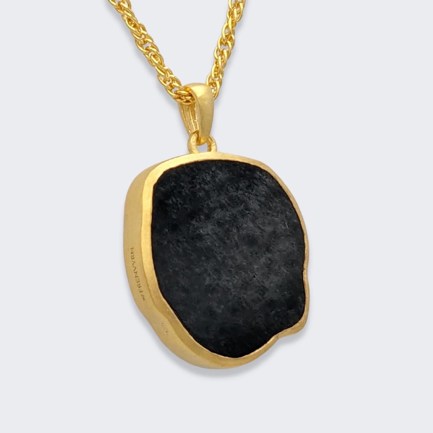 lars reversible dog coin necklace in 18k gold vermeil reversed (back view), silver sheen obsidian