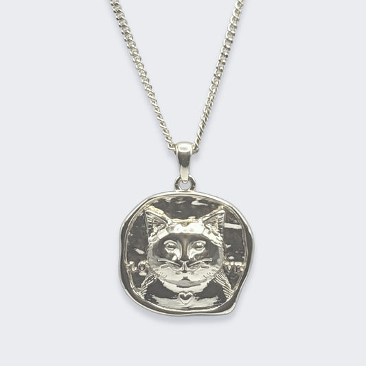 lars cat coin necklace in sterling silver (front view)