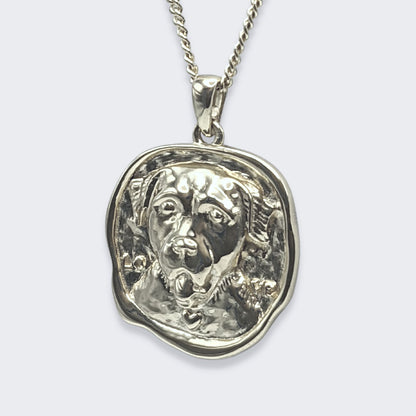 lars dog coin necklace in sterling silver (left side view)