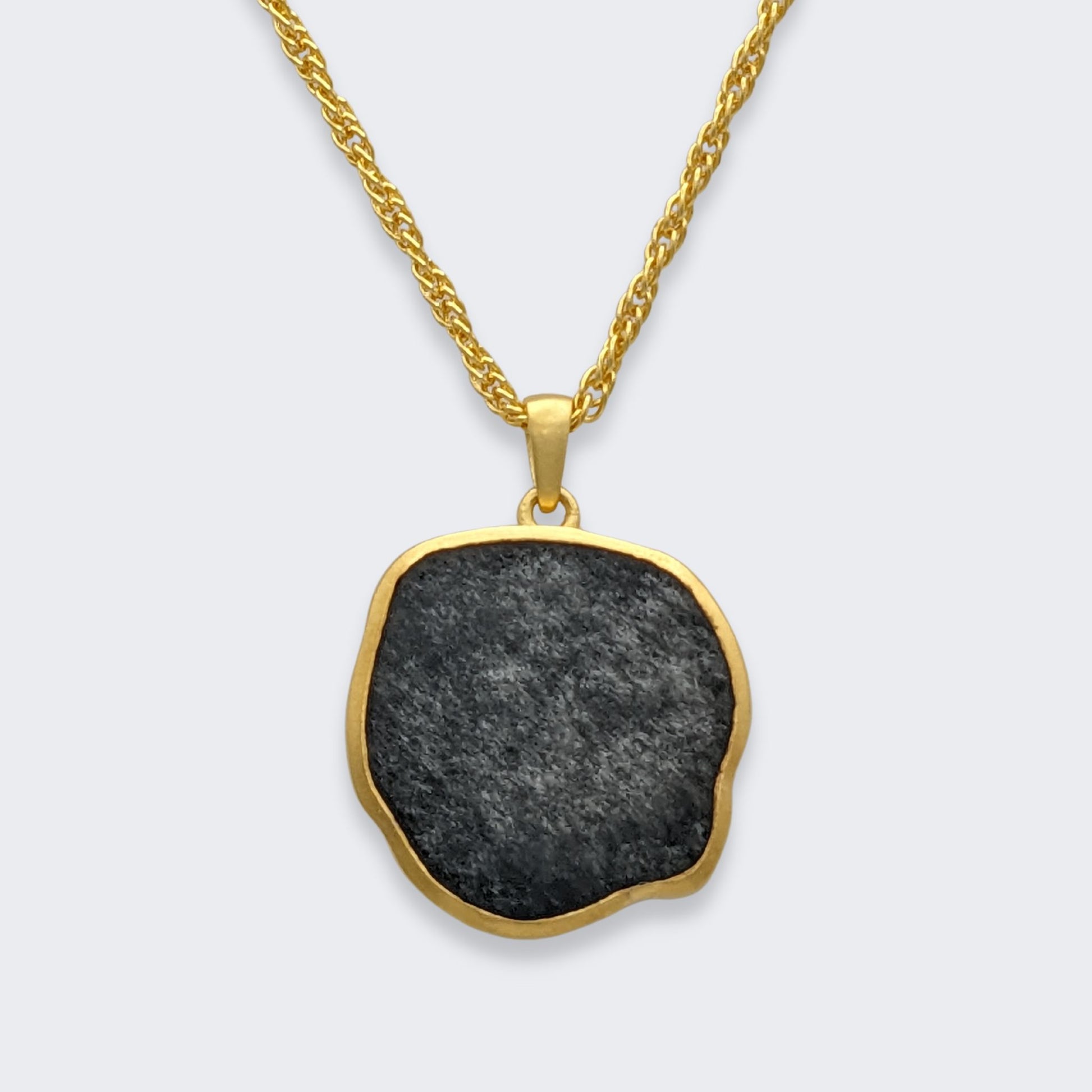 lars reversible dog coin necklace in 18k gold vermeil reversed (back view), silver sheen obsidian