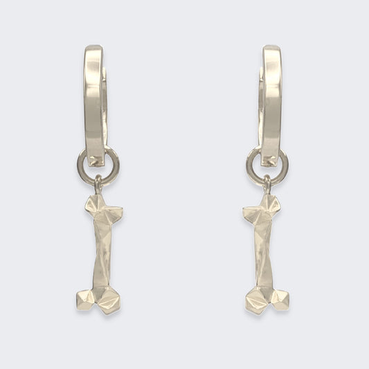 mars dog bone huggie hoop earrings in sterling silver pair (front view)