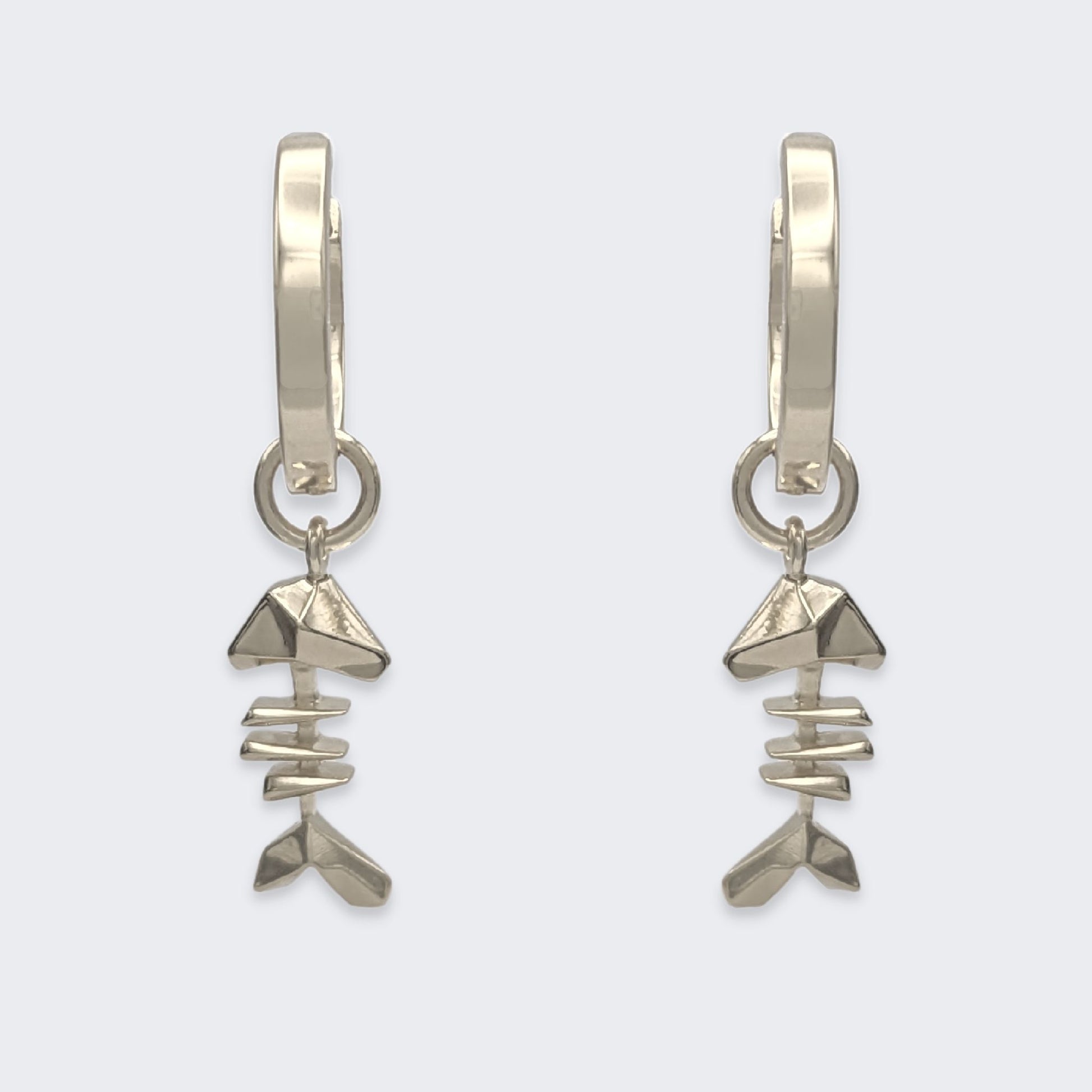 mars fish bone huggie hoop earrings in sterling silver pair (front view)