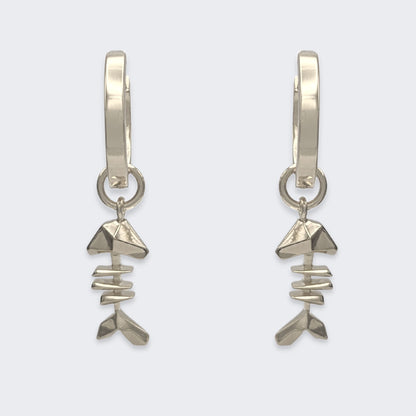 mars fish bone huggie hoop earrings in sterling silver pair (front view)
