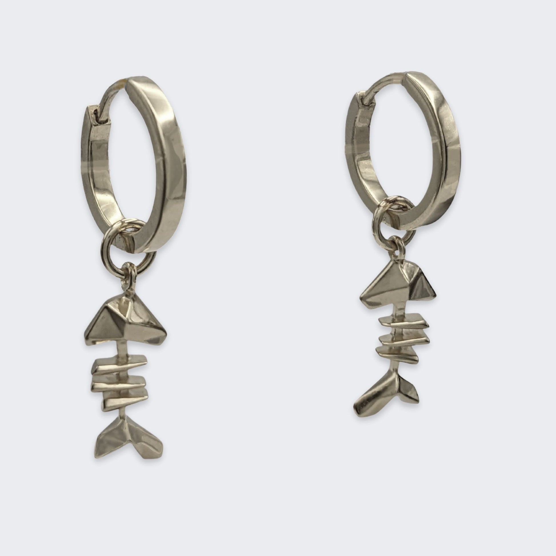 mars fish bone huggie hoop earrings in sterling silver pair (right side view)