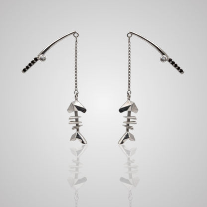 MARS Fishin’ Fish Bone Dangle Earrings, Sterling Silver