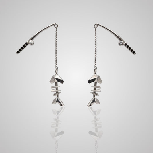 MARS Fishin’ Fish Bone Dangle Earrings, Sterling Silver