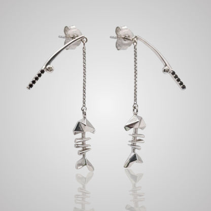 MARS Fishin’ Fish Bone Dangle Earrings, Sterling Silver